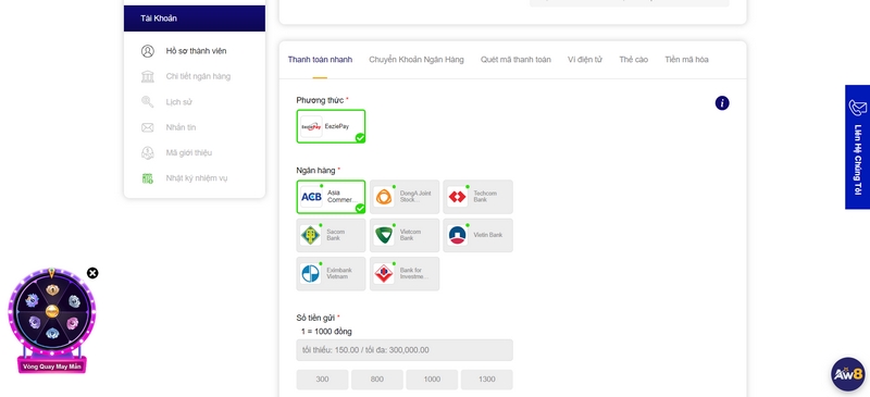 Thực hiện nạp tiền AW8 thông qua hình thức ngân hàng với 4 bước
